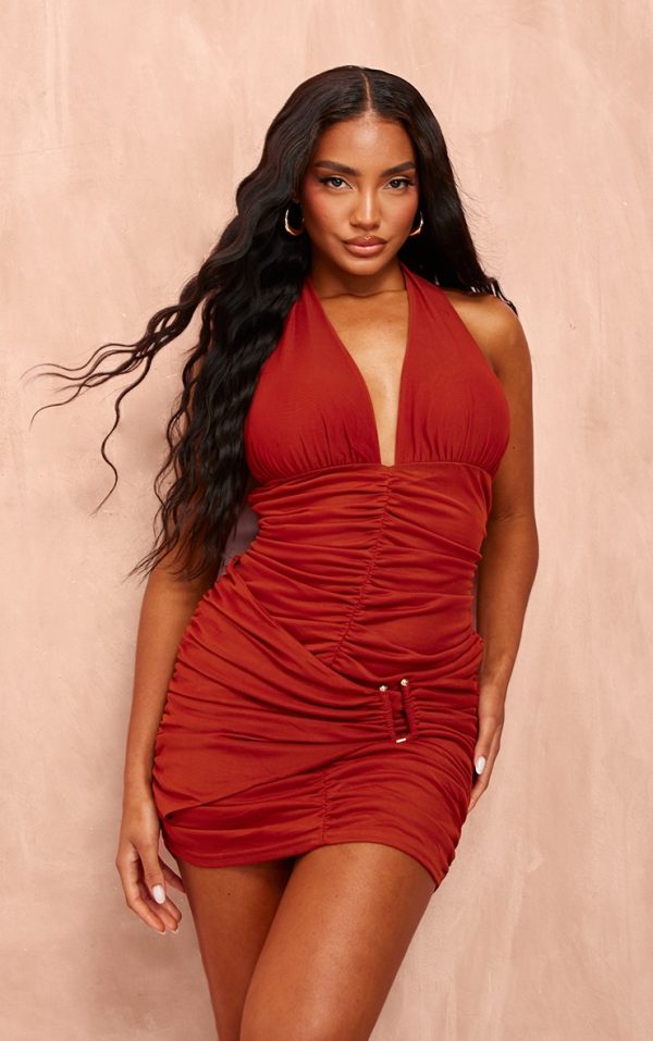 Orange Mesh Halterneck Ruched Bodycon Dress