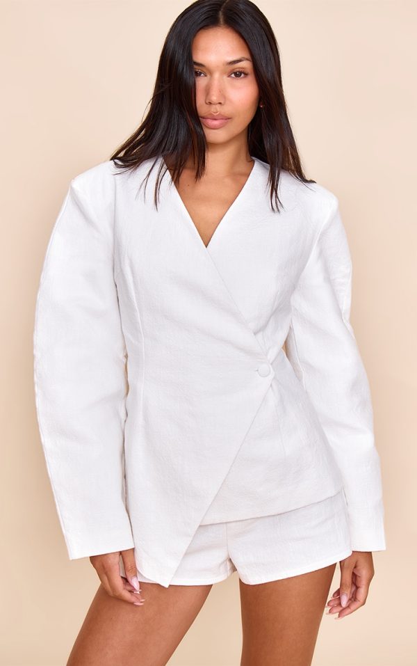 White Premium Linen Tailored Cocoon Sleeve Cinched Blazer