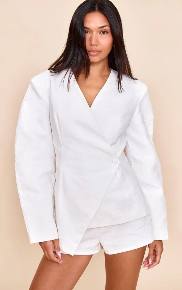 White Premium Linen Tailored Cocoon Sleeve Cinched Blazer