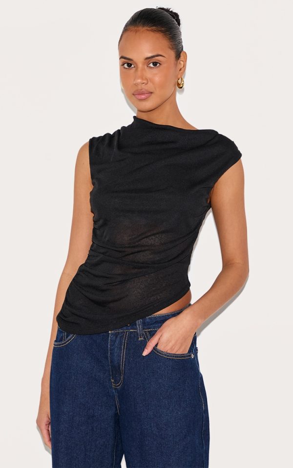 Black Burnout Mesh Asymmetric Hem Long Top