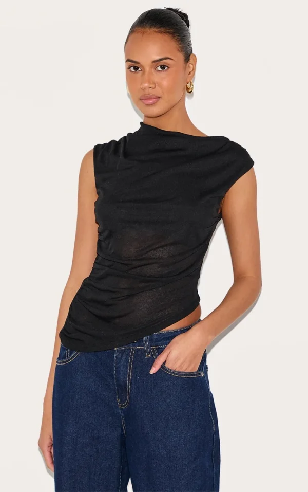 Black Burnout Mesh Asymmetric Hem Long Top