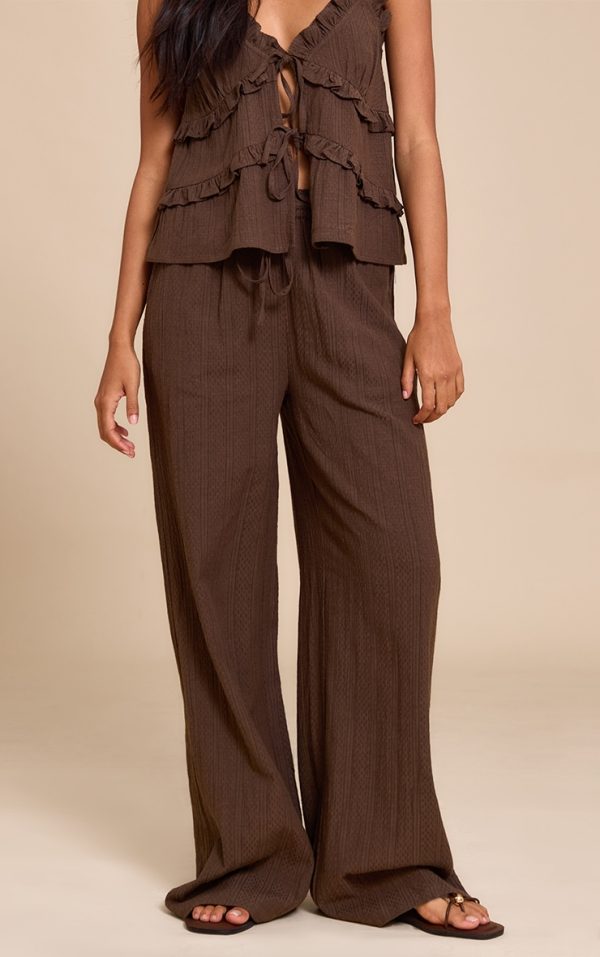 Brown Textured Mid Rise Wide Leg Pants