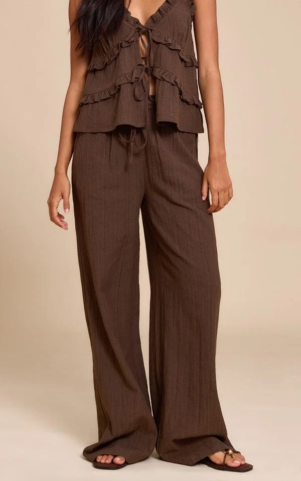 Brown Textured Mid Rise Wide Leg Pants