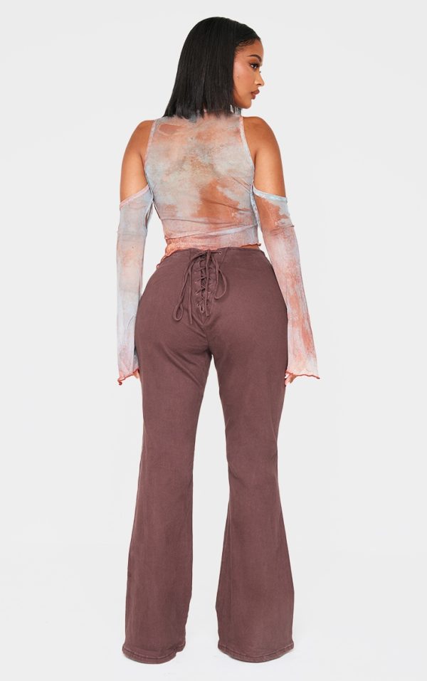 Shape Brown Denim Lace Up Back Flare Jeans