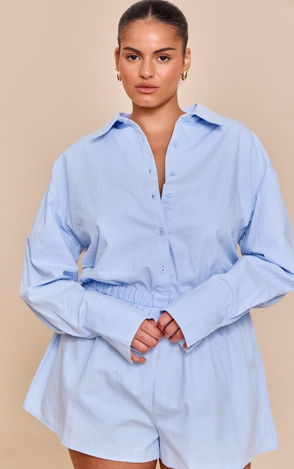 Plus Sky Blue Cotton Ruched Tiered Skort Shirt Romper