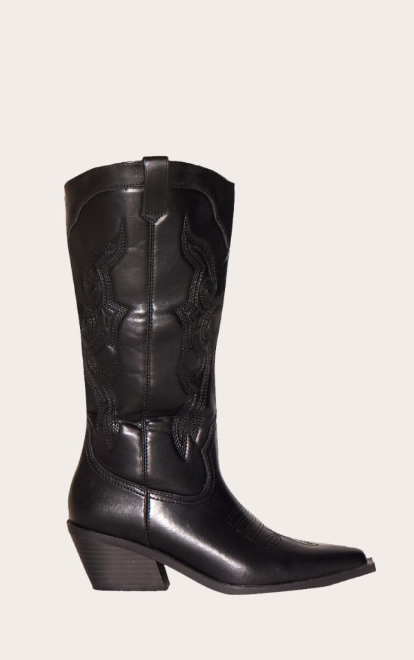 Black Pu Point Toe Western Calf High Boots