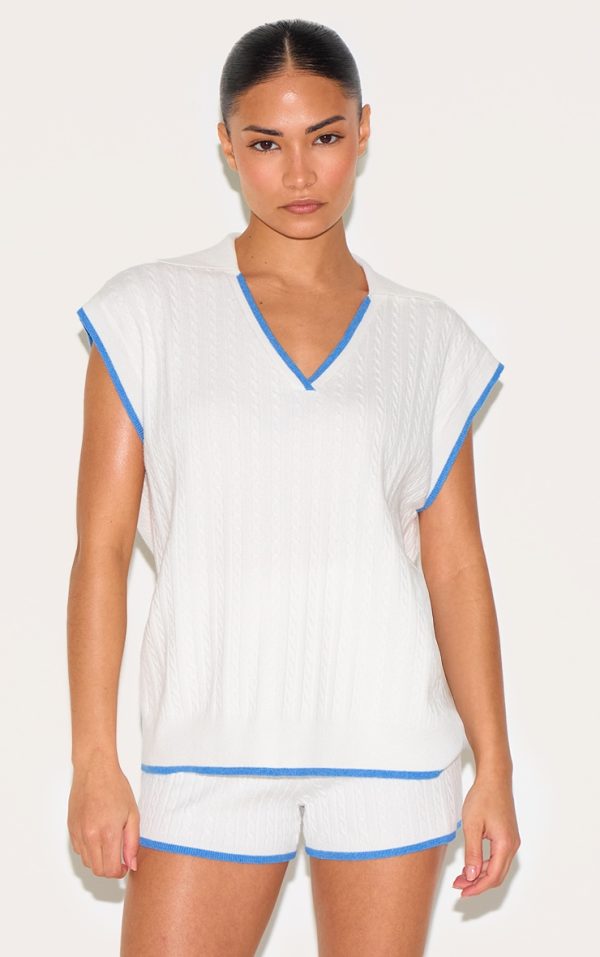 Petite Cream Knitted Collared V Neck Top