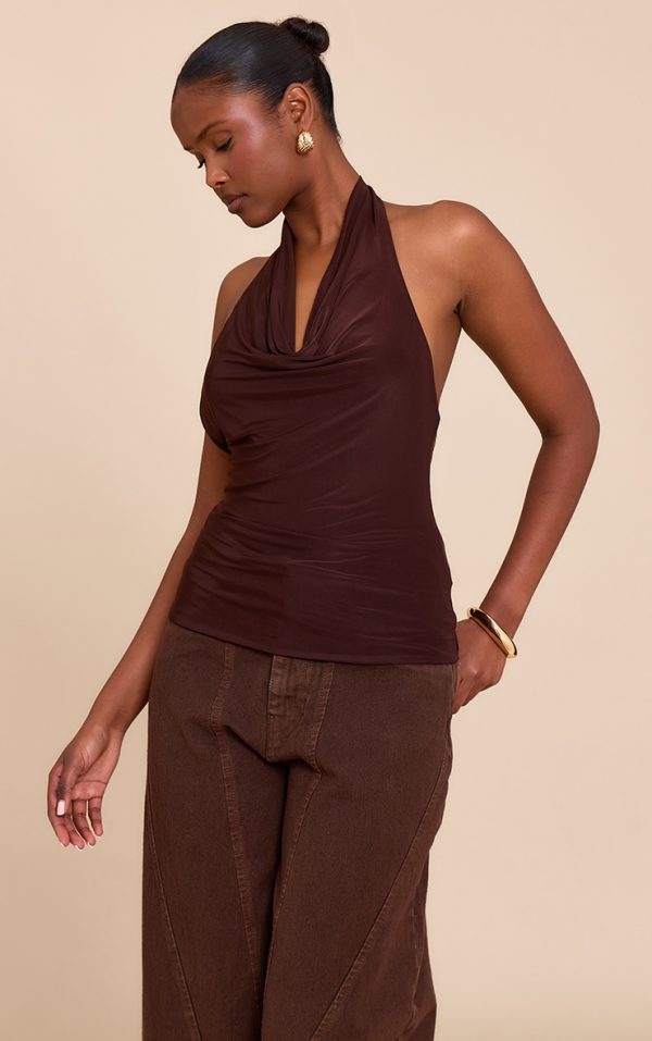 Chocolate Double Layer Slinky Backless Trim Detail Long Top