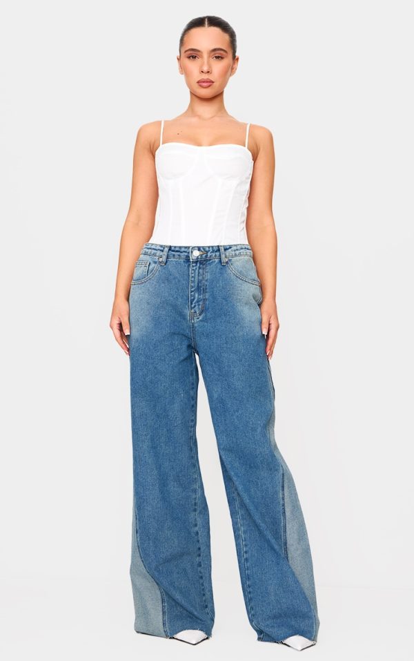 Petite Mid Blue Wash Denim Contrast Panel Wide Leg Jeans