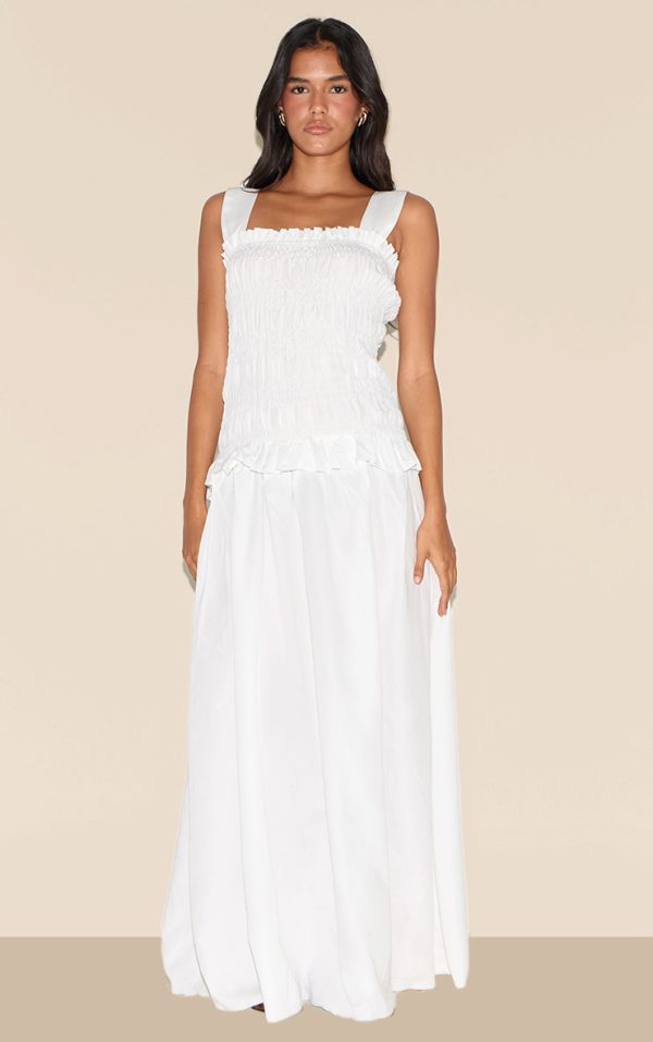 White Shirred Frill Detail Maxi Dress