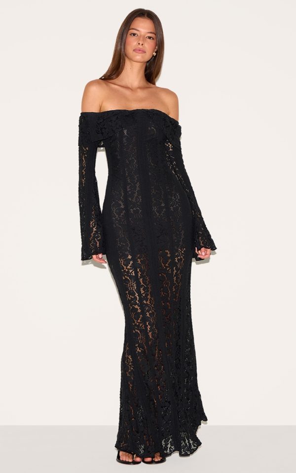 Black Lace Fold Over Bandeau Maxi Dress