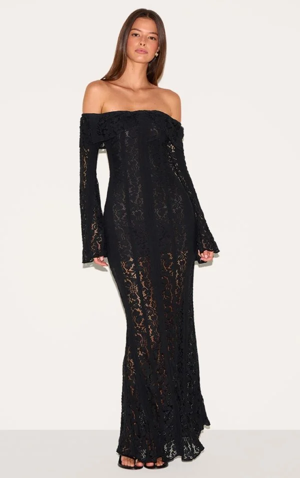 Black Lace Fold Over Bandeau Maxi Dress