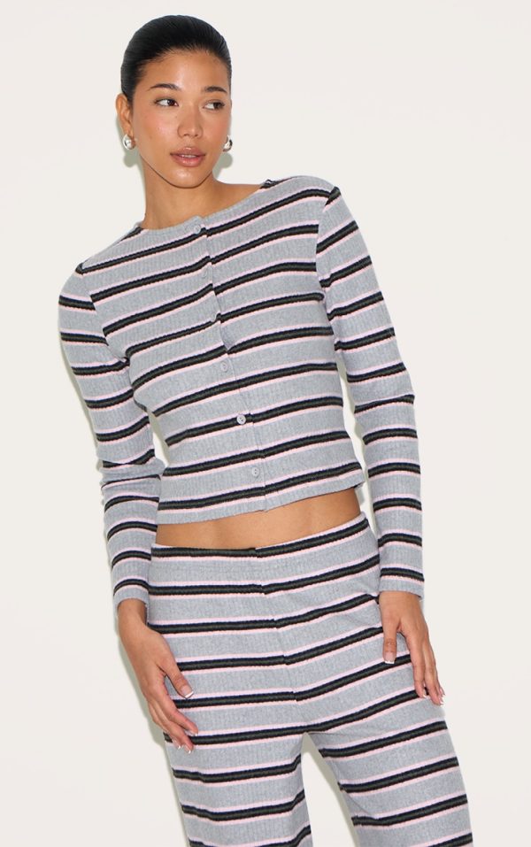 Grey Brushed Rib Striped Long Sleeve Button Up Top