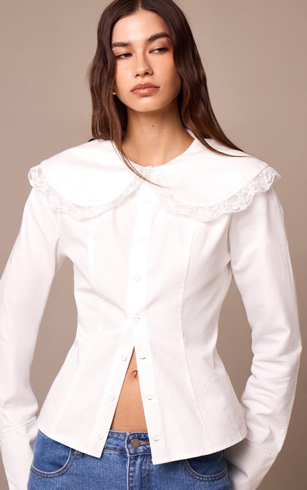 White Cotton Lace Trim Long Sleeve Shirt