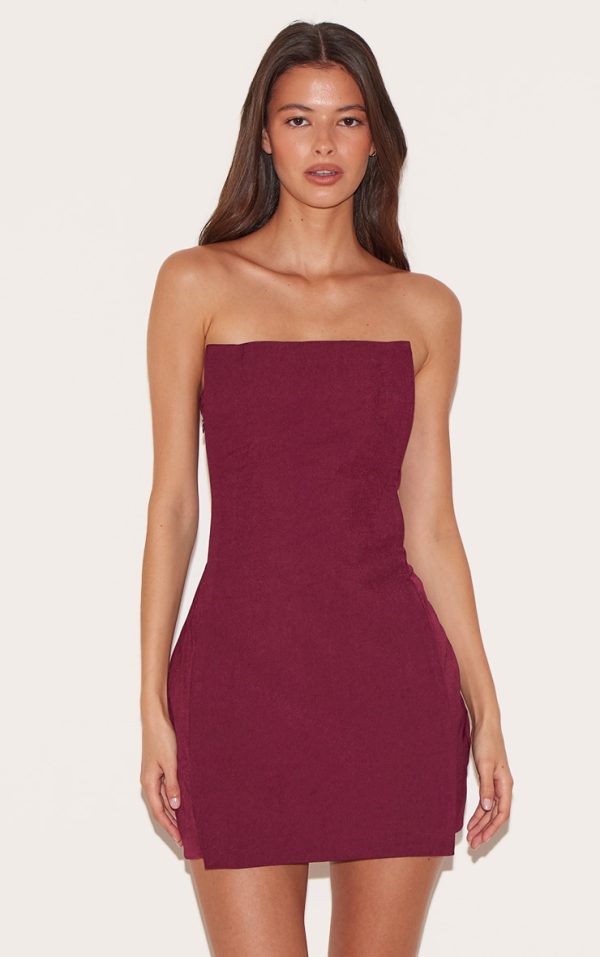Wine Woven Panel Detail Bandeau Mini Dress
