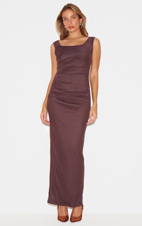 Dark Chocolate Double Layer Mesh Square Neck Ruched Midaxi Dress