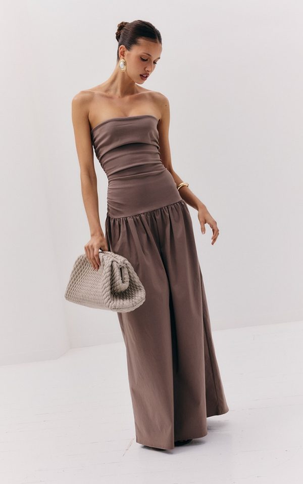 Taupe Stretch Woven Bandeau Ruched Maxi Dress