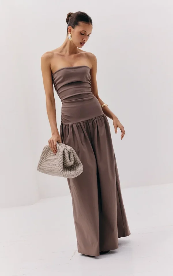 Taupe Stretch Woven Bandeau Ruched Maxi Dress