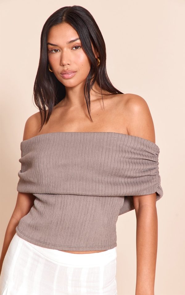 Mushroom Textured Bardot Fold Over Detail Long Top