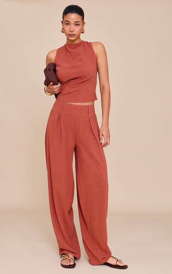 Rust Mid Rise Barrel Tailored Pants