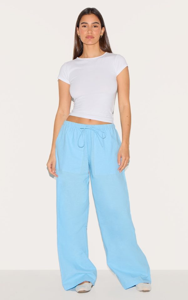 Light Blue Cotton Linen Blend Drawstring Waist Pants