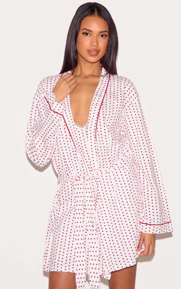 White Heart Print Jersey Robe