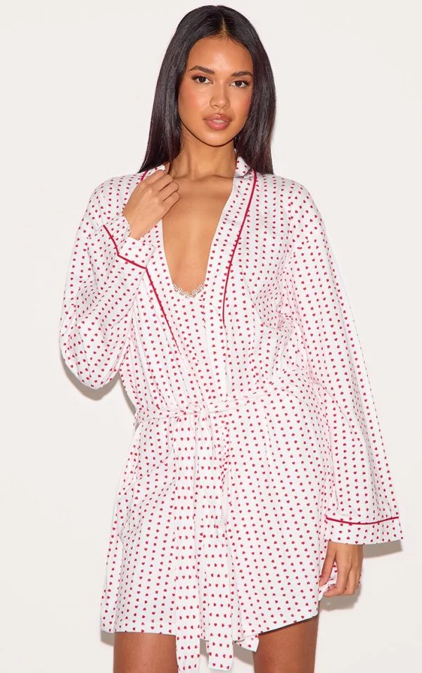White Heart Print Jersey Robe