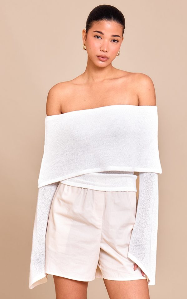 White Textured Fold Over Bardot Extreme Flute Sleeve Long Top