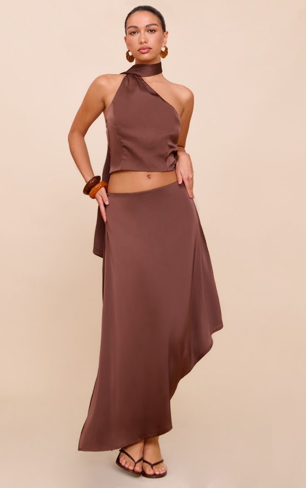 Dark Brown Satin Asymmetric Midi Skirt