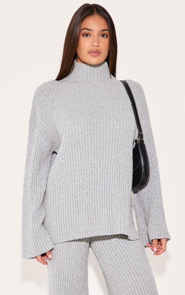 Ash Grey Rib Boucle Knit Oversized Sweater