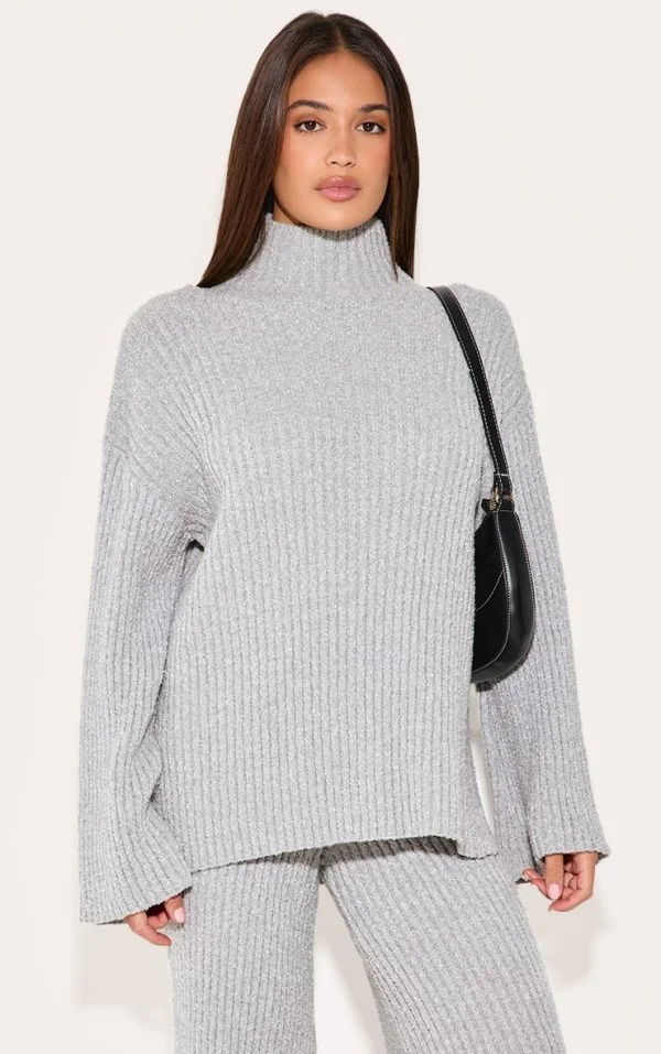 Ash Grey Rib Boucle Knit Oversized Sweater