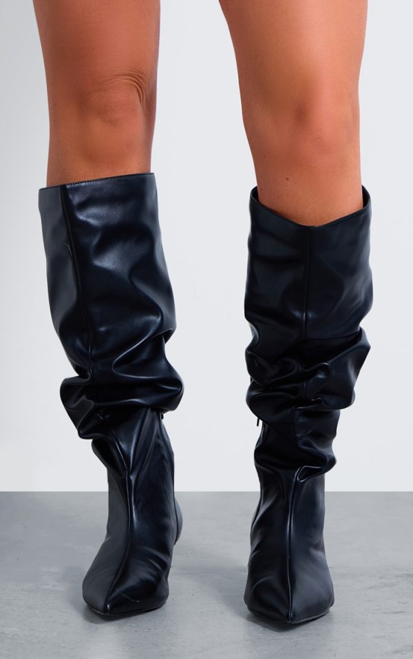 Black PU Wide Fit Gathered Low Heel Knee High Boots
