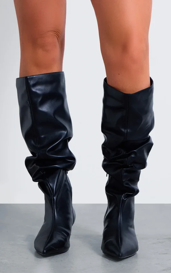 Black PU Wide Fit Gathered Low Heel Knee High Boots