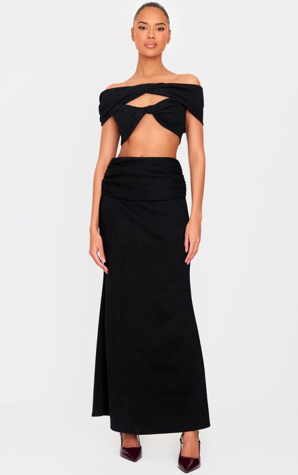 Black Faux Suede Ruched Twist Fold Over Maxi Skirt