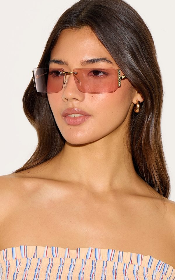 Pink Square Diamante Side Wrap Round Sunglasses