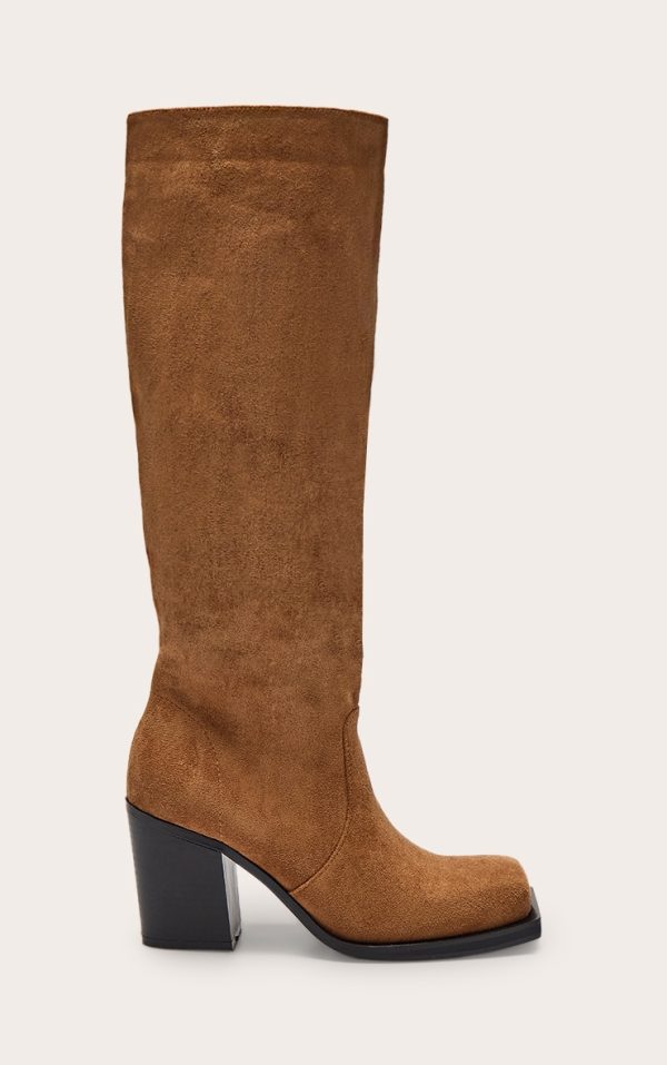Tan Faux Suede Square Toe High Block Heel Knee High Boots