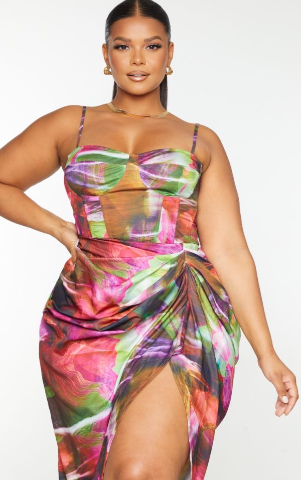 Plus Lime Textured Print Structured Corset Top