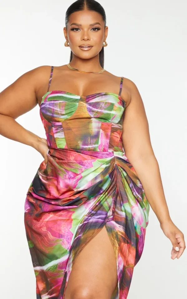 Plus Lime Textured Print Structured Corset Top