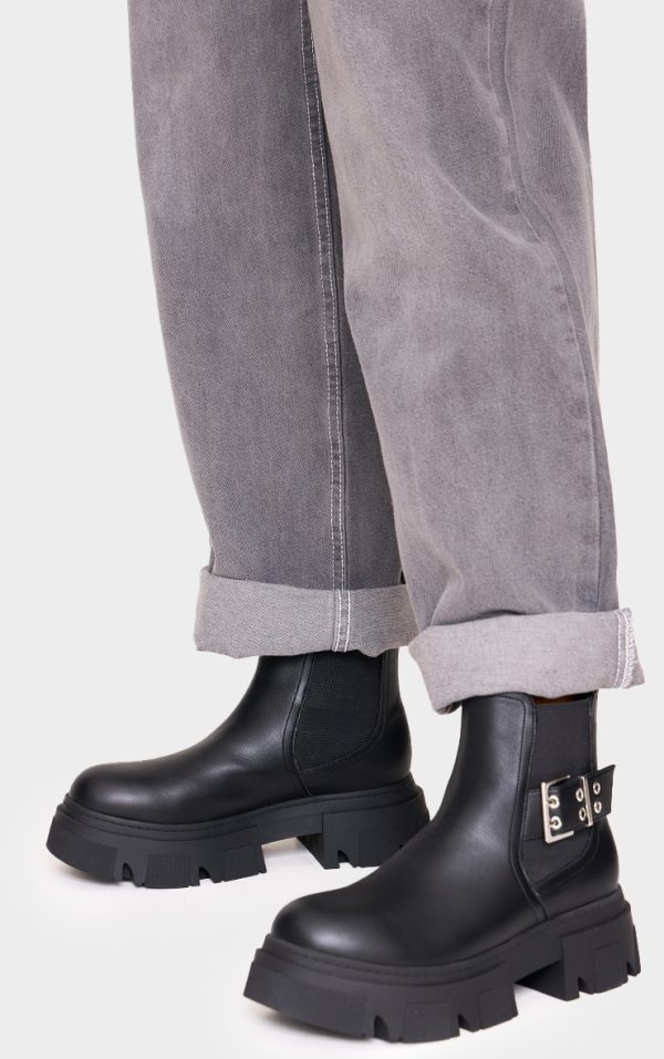 Black PU Round Toe Silver Buckle Chunky Sole Ankle Boots
