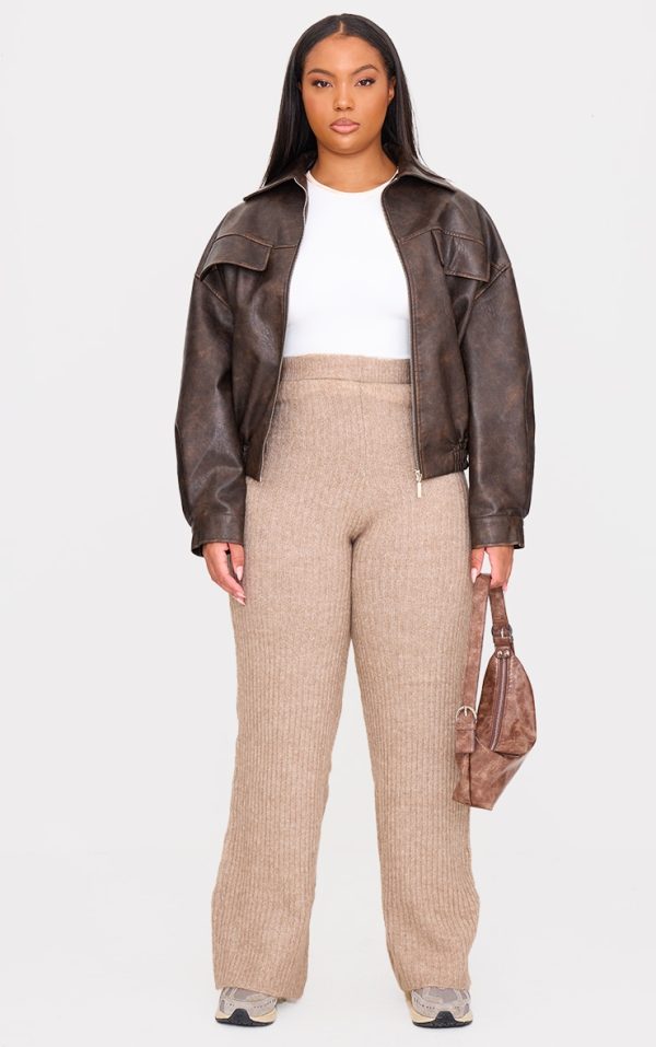 Plus Taupe Soft Knit Wide Leg Pants