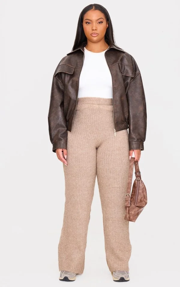 Plus Taupe Soft Knit Wide Leg Pants