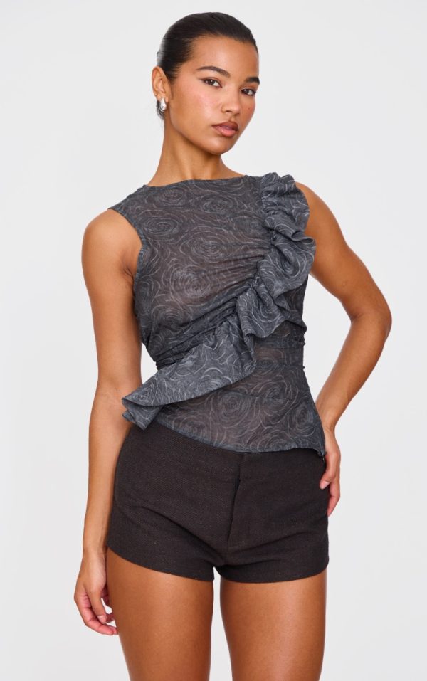 Grey Textured Fitted Chiffon Ruffle Detail Long Top