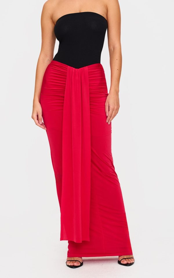 Red Slinky Drape Front Ruched Maxi Skirt