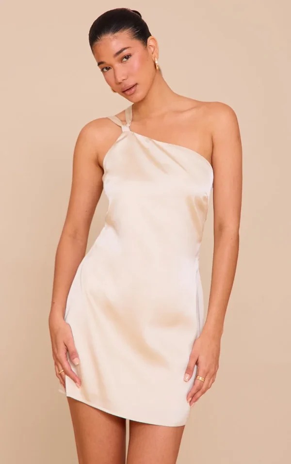 Natural Satin One Shoulder Tie Back Mini Dress
