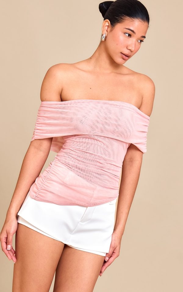 Pale Rose Mesh Foldover Ruched Bandeau Top
