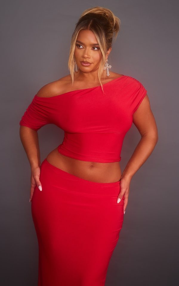 Shape Red Slinky Ruched Side Longline Top