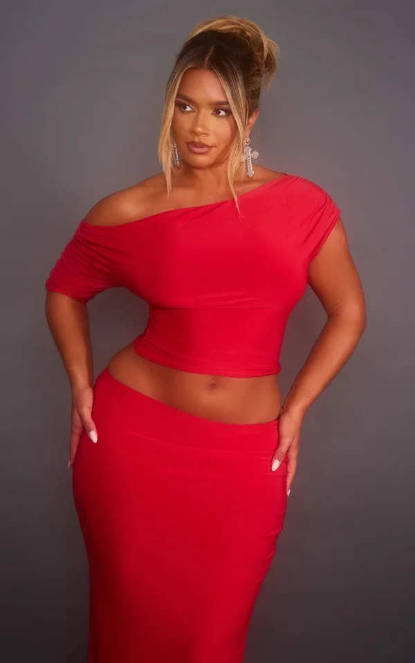 Shape Red Slinky Ruched Side Longline Top