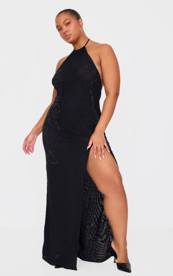 Plus Black Lined Mesh Diamante Detail Split Maxi Dress