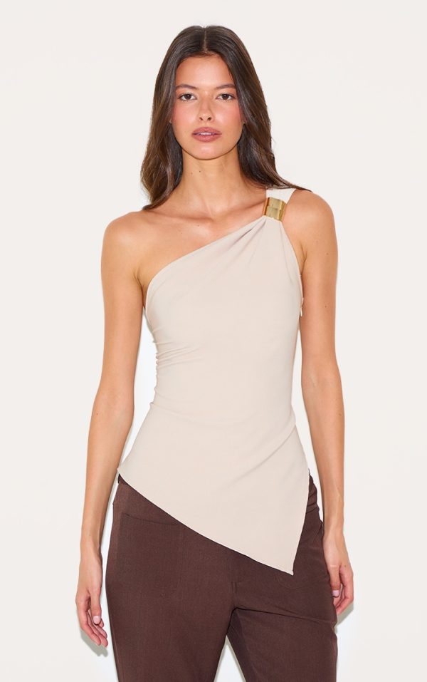 Cream Asymmetric One Shoulder Trim Detail Long Top