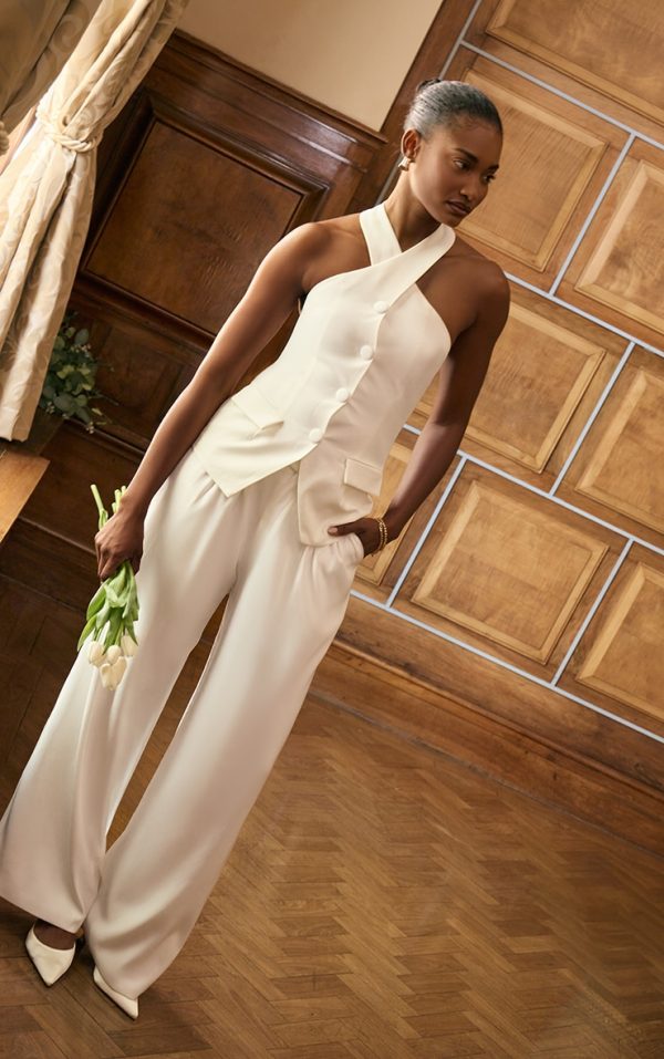 Premium White Tailored Pleated Lined Wide Leg Pants